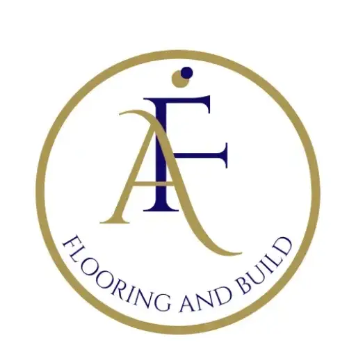 Gold circle with a gold italic A infront a navy blue italic F. Below inside the circle is the words 'Flooring and Build' in capital letters. Two overlapping circles at the top. One blue and one gold.