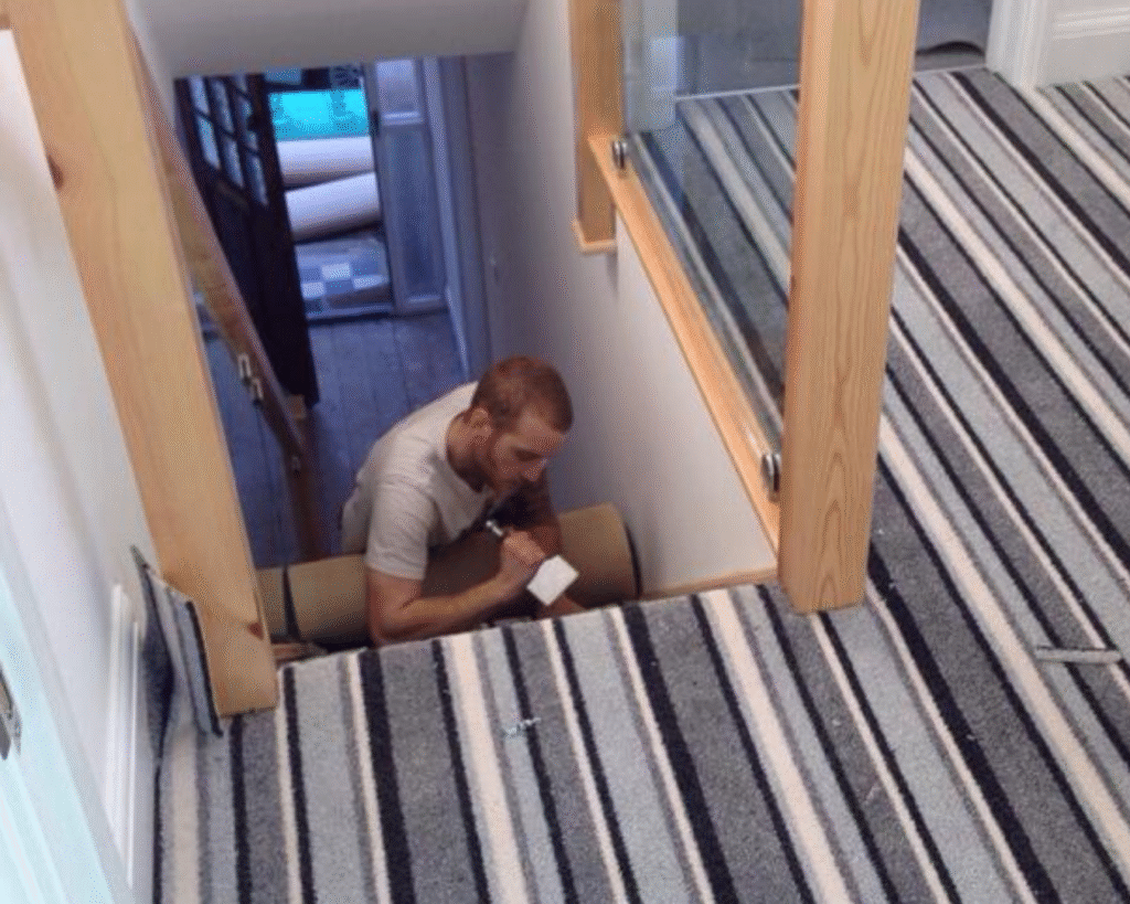Grey striped carpet being fitted by Alan Friend.